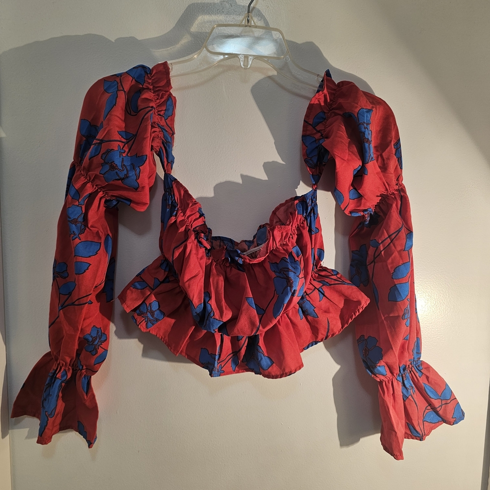 Boohoo Scarlet and Cobalt Floral Blouse